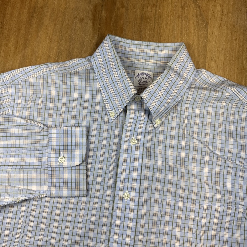 Brooks Brothers Classic Long Sleeve Dress Shirt 15.5-34 Blue/Yellow Plaid